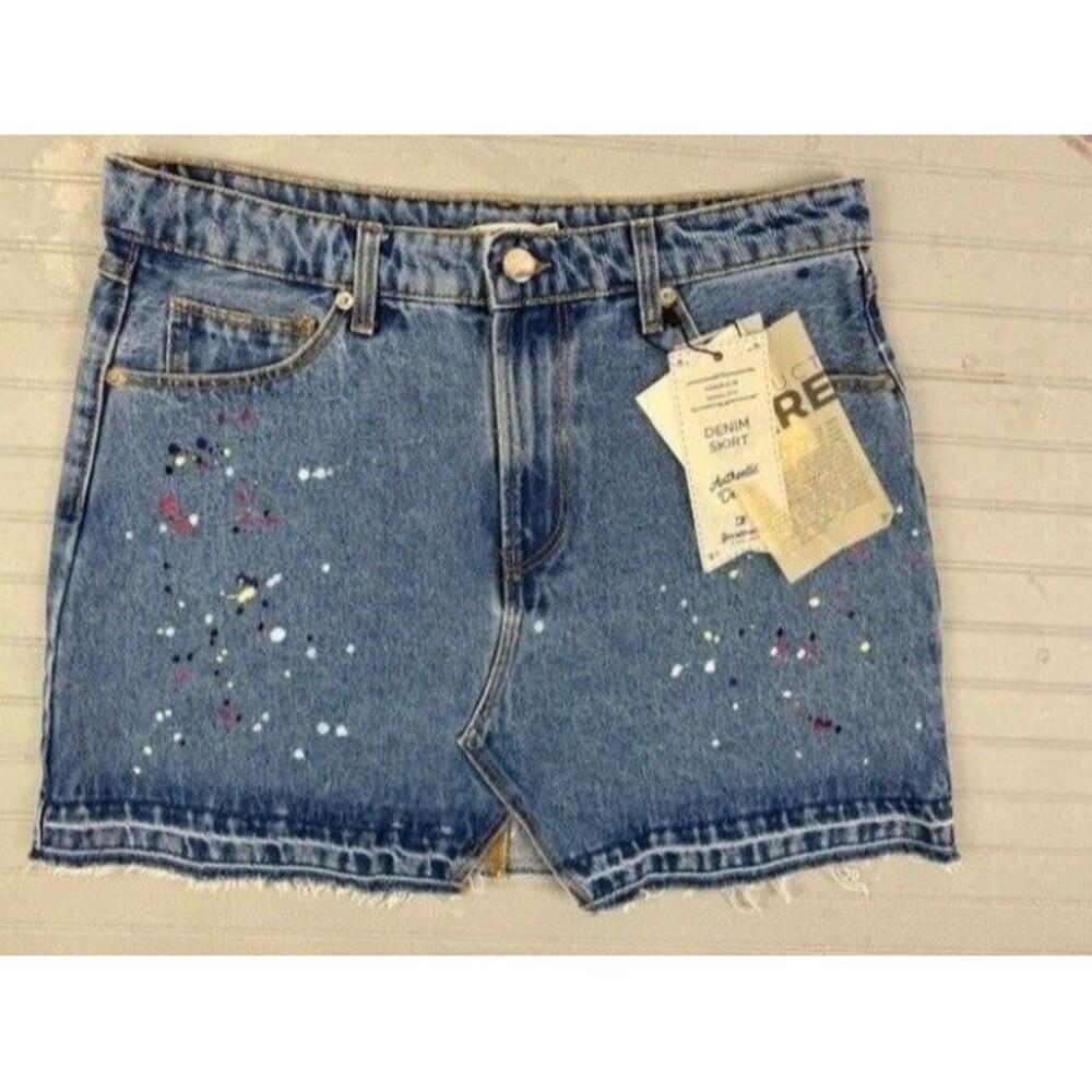 Stradivaris Size 10 Womens Skirt Denim Jean Cotton Paint Splatter Vent Front